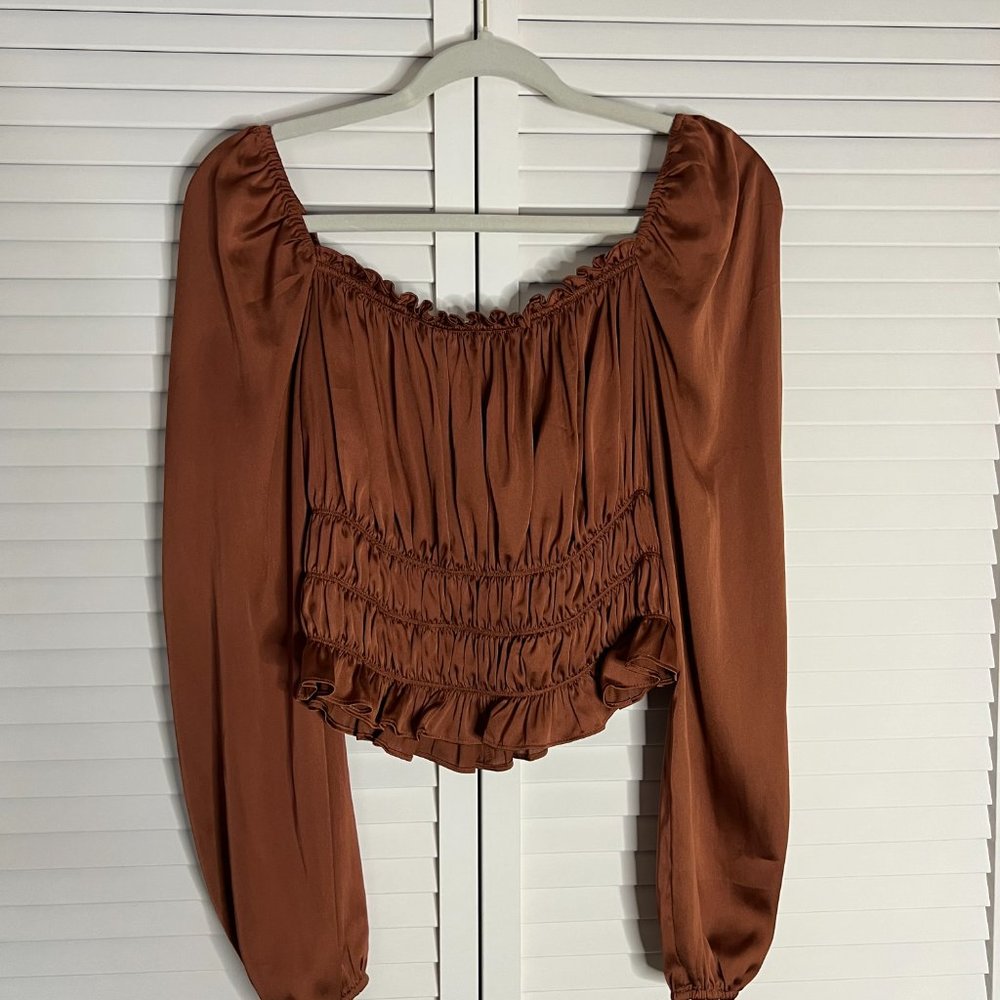 Bar III Brown Silk Long Sleave Shirt with Square Neck